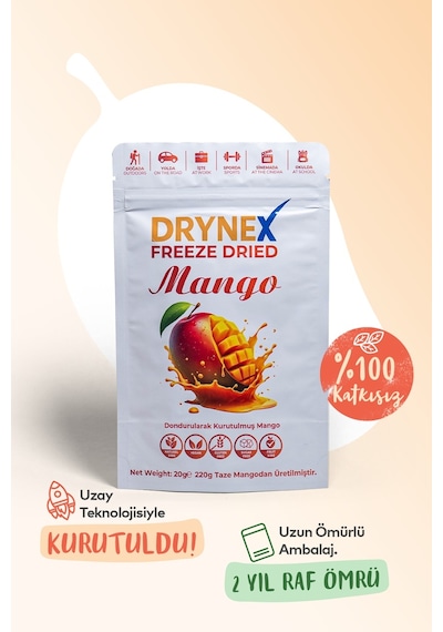 Drynex Freeze Dried Mango Dondurularak Kurutulmuş Çıtır Atıştırmalık Egzotik Meyve Cipsi Şekersiz Vegan 20 G