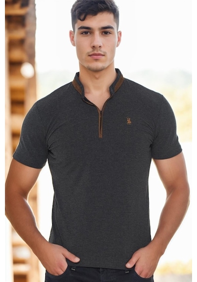 T8571 Dewberry Fermuarlı Erkek T-shırt-açık Antrasit