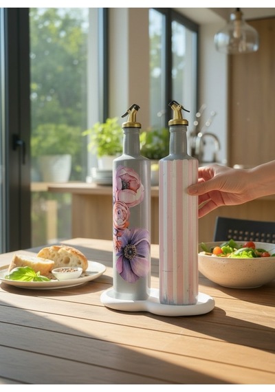 750 Ml Büyük Boy El Yapımı Cam Yağdanlık Sirkelik 2'li Set Çiçek Desenli Ve Çizgili Dekoratif Zeyt Pembe Ve Beyaz