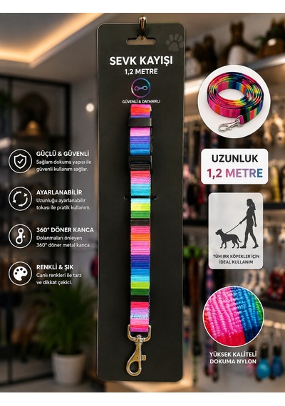Köpek Sevk Kayışı 1,2 Metre Ayarlanabilir 360 Derece Döner Metal Kancalı - Gökkuşağı