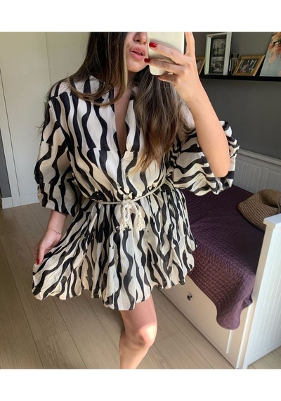 Lava Design Zebra Desenli Kemerli Zra Elbise siyah