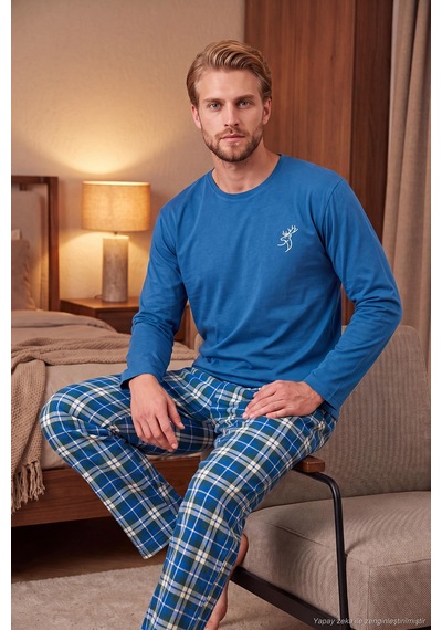 Buratti Ekoseli Pamuklu Bisiklet Yaka Uzun Kollu Pijama Takımı Erkek Pijama Takımı 6575003 İndigo