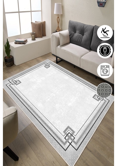 Modern Çerçeve Desenli Baskılı Kaymaz Yıkanabilir Salon Oturma Odası Mutfak Yatak Odası Halısı Yolluk gri