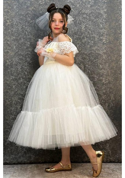 Riccotarz Kız Çocuk Toka ve Bileklerinde Gül Detaylı Beyaz Abiye 6-9 Yaş 2231901006 Beyaz
