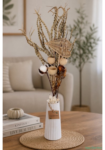 Yapay Çiçek Sitesi Doğal Tropikal Esinti Kuru Çiçek Tanzimi Vazo Hediyeli Model 15 Naturel