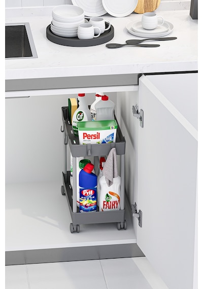 2 Adet Gri 2 Katlı Tekerlekli Düzenleyici Mutfak Ve Banyo Rafı
