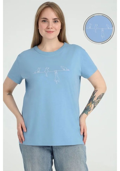 Uyguntarz Unisex Kedi Baskılı Oversize Tshirt Bebe Mavisi