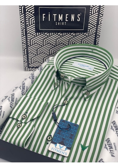 Slim Fit Uzun Kol Likralı Çizgili Yaka Düğmeli Hediye Kutulu Erkek Gömlek Fs-003669 - Yeşil-2431