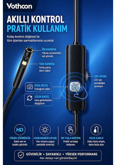 Vothoon 5 Metre Çift Kameralı İos/android Uyumlu Yılan Endoskop Kamera 8mm 2mp Led'li Sert Kablo