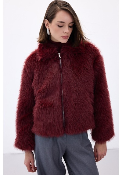 Sateen Fermuarlı Kürk - Bordo-136673 Bordo