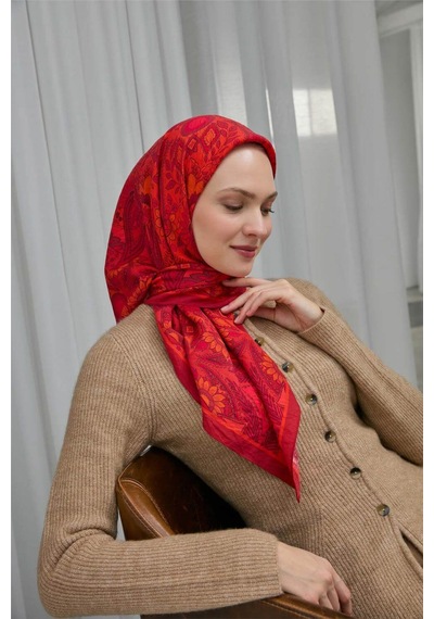 Silk Home Viskon Velora Eşarp Kırmızı Nar Çiçeği Desenli Tok Duruşlu Dört Mevsim 90x90 Çok Renkli