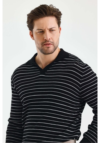 Cool Tarz Erkek Patlı Slim Fit Çizgi Detaylı Uzun Kollu Polo Yaka Triko Kazak Siyah Siyah