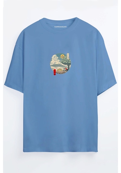 Totoro Anime Baskılı Unisex Siyah - Beyaz Oversize T-shirt Mavi