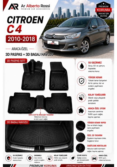 Citroen C4 2010-2018 Araca Özel 3d Paspas + 3d Bagaj Havuzu