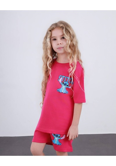 Miniko Kids Kız Çocuk Stitch Modelli Pamul Şortlu Takım Fuşya