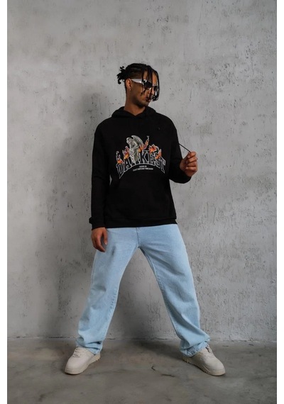 Erkek Oversize Kapüşonlu Sweatshirt Siyah Renk Üç İplik İçi Pamuklu Kanguru Cepli Baskılı Hoodie R Siyah