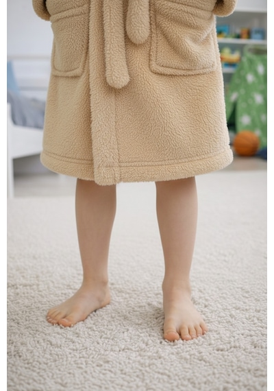 Luna Soft Kız / Erkek Çocuk Kapşonlu Pamuklu Bornoz Peluş Sabahlık 5/6 Yaş Bej