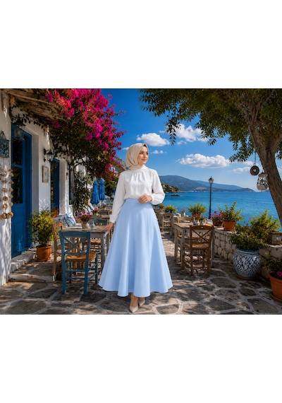 Feyece Kadın Buz Mavisi Örme Scuba Krep Tesettür Ve Günlük Etek Boy:94-95cm