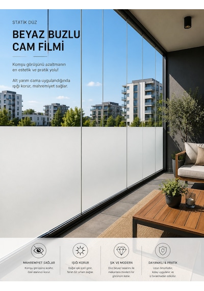 Deconitte Statik Düz Beyaz Buzlu Cam Filmi 60x100 Cm Yapışkansız Mahremiyet Sağlayan Dekoratif Cam Kaplama, Kumlama