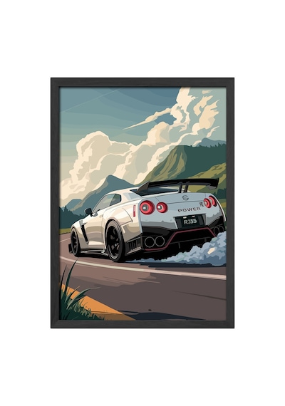 Nissan Gtr Siyah Ahşap Çerçeveli Poster, Dekoratif Araba Duvar Tablosu