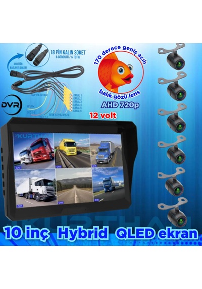 Ledsiz 6 Adet Ahd 720p Balık Gözü Kelebek Kamera 6 Kanallı 10'' Hybrid Dvr Monitör 12 V 256 Gb