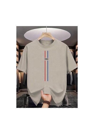 Caddemia Yaz Moda Rahat Gevşek Klasik Paris Mektubu Baskılı Spor Yuvarlak Boyun Kıs Bej 2XL