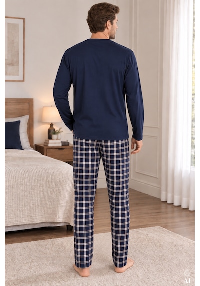 Koza İç Giyim Erkek Pamuklu Uzun Kollu Önü Patlı Ekose Desenli Pijama Takımı Ko60105 Lacivert - Kahverengi