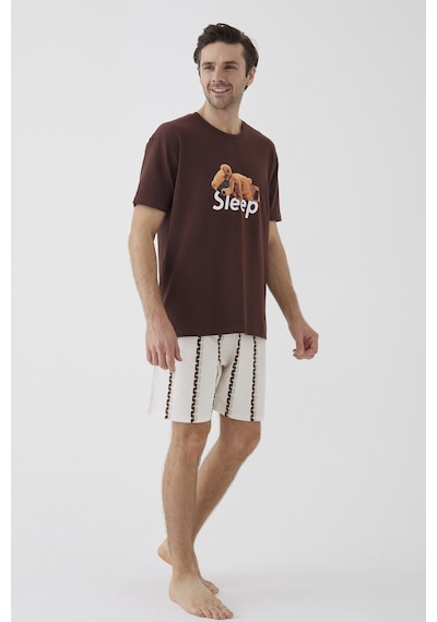 Erkek Kısa Kollu Pamuklu Ayıcık Desenli Şortlu Pijama Takımı Ke30308 Ekru