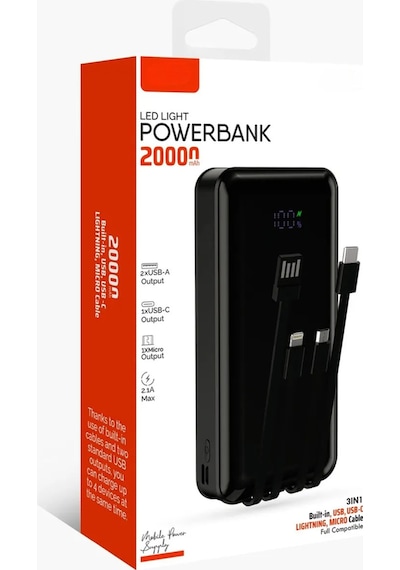 20.000 Mah Çoklu Kablolu Dijital Gösterge Powerbank Şarj Aleti 1x Usb Çıkışlı Powebank 20.000 Mah