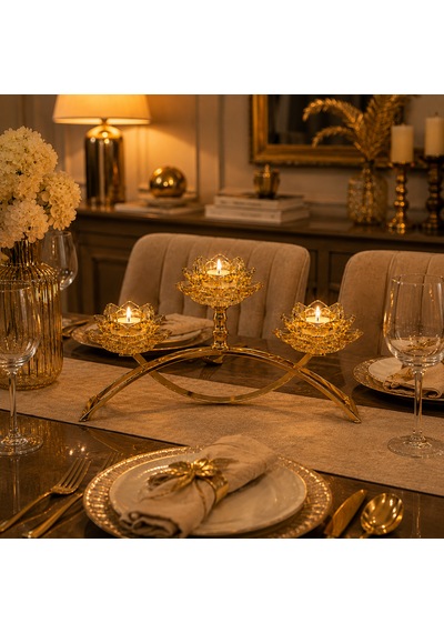 Altın Lotus 3 Saplı Kristal Cam Mumluk Dekoratif Şamdan Amber - Gold