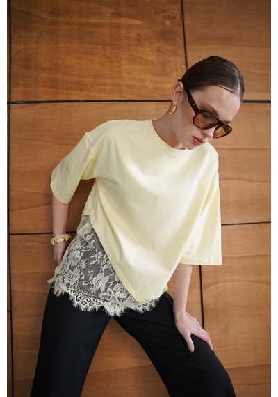 Verymoda Dantel Detaylı Asimetrik Tişört D2953 Sari