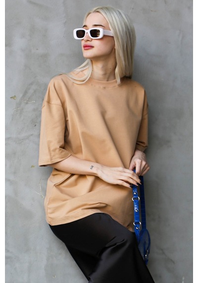 Madmext Bej Bisiklet Yaka Basic Oversize T-shirt Mg1687-bej Bej
