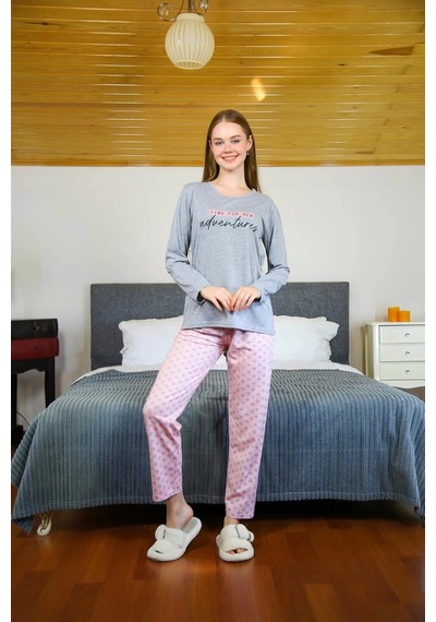 Kadın Penye Uzun Kol Pijama Takım Gri