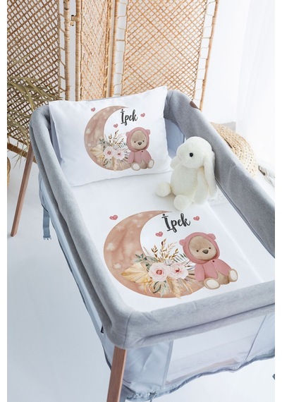 Lilabio %100 Pamuk Saten İsme Özel İsimli 70x120 Park Yatak Nevresim Seti Pembe Ayıcık