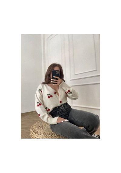 Flex Fashıon Kadın Trend Popüler Kiraz Detaylı Ekru Triko Hırka Ekru - 731502301 Ekru - 731502301 Ekru
