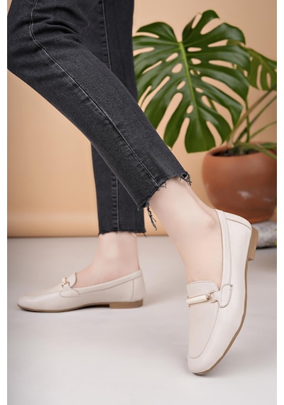 Nesilshoes Eliz 24205 Bej Hakiki Soft Deri Günlük Kadın Ayakkabı
