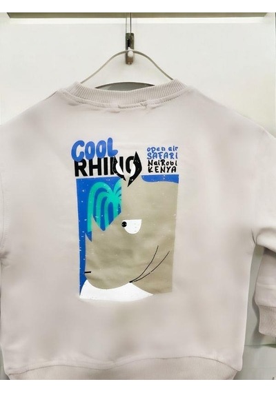 Zekids Erkek Çocuk Cool Rhino Baskılı Pamuklu Sweatshirt-14202 Taş