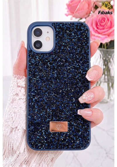Fibaks iPhone 11 Uyumlu Kılıf Içi Kadife Elmas Tasarımlı Lacivert Taşlı Işıltılı Pırlanta Silikon Kapak
