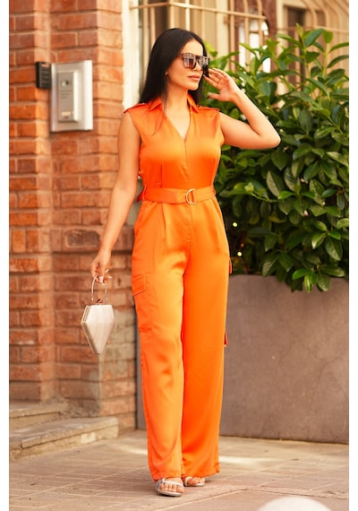 Canım Kendim Store Turuncu Kuşaklı Saten Tulum Turuncu