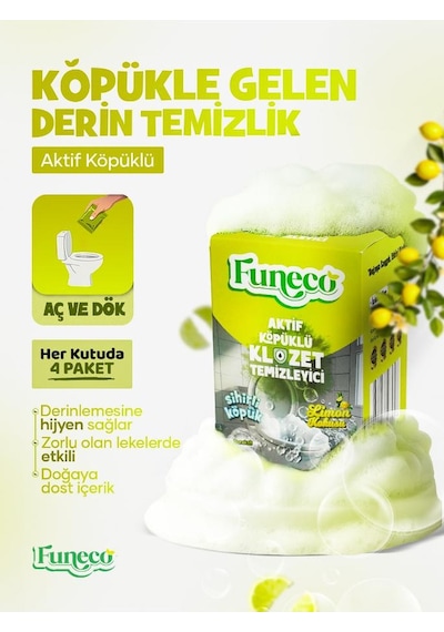 Funeco Tuvalet Klozet Temizleyici Aktif Köpük Doğa Dostu 4 Paket 300g Aylık Kullanım Limon Ferahlığı