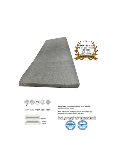 Eco Vip Tek Kişilik Yatak Karavan Kamp Çadır Yatağı Sünger Yatak 70 X 180 X 6 Cm-gri