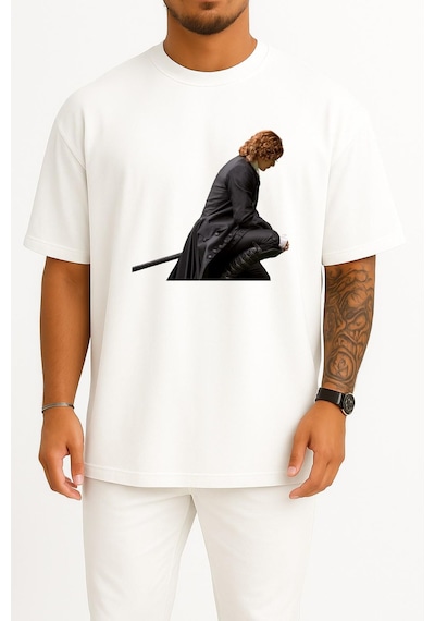 Bahriyeli Collection Oversize Jamie Fraser Outlander Göğüs Baskılı Unisex T-shirt Beyaz