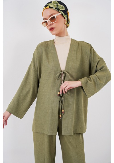 Bigdart Kadın Keten Kimono İkili Takım 6727 - Çağla
