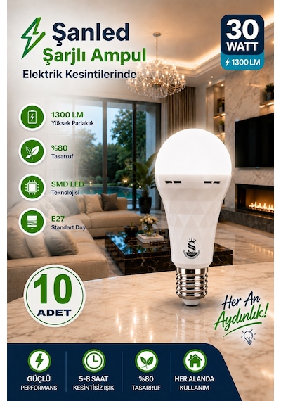 Şarjlı Akülü 30w Beyaz Işık Led Ampul 10 Adet 10 Adet