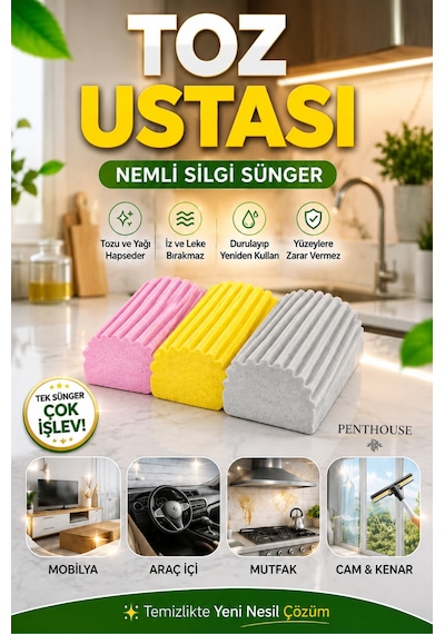3 Adet Nemli Silgi Sünger - Toz Ustası - Çok Amaçlı Temizlik Toz Süngeri