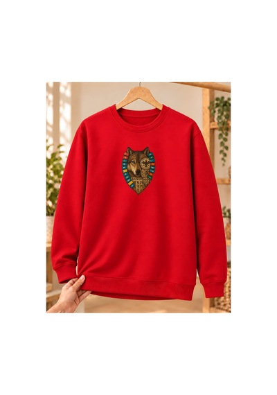 Mor Mürekkep Kadın Bozkurt Türk Bayrakları Ve Semboller Baskılı Bisiklet Yaka Sweatshirt - Kırmızı
