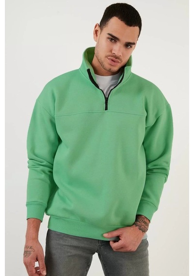 Oversize Yarım Farmuarlı Yakalı Basic Sweatshirt - Yeşil 001