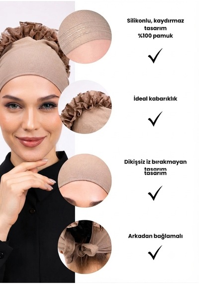 Alivascarf Kaymayan Fırfırlı Silikonlu Dikişsiz Kaymaz Bone Kadın Tesettür Bağlamalı İç Bone Vizon