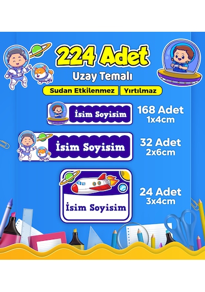 Uzay Temalı Okul Kreş Kişiye Özel İsim Etiket Seti - Model 530 Çok Renkli