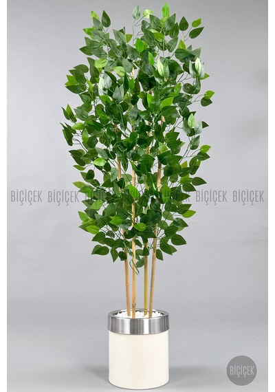 Yapay Benjamin Ağacı 140cm Krem Gümüş Metal Saksıda Krem-silver